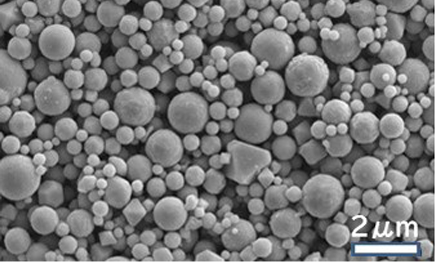 Fe-8%Si-3%Cr粉の二次電子像
一次粒子平均粒子径（個数基準）　0.5μm